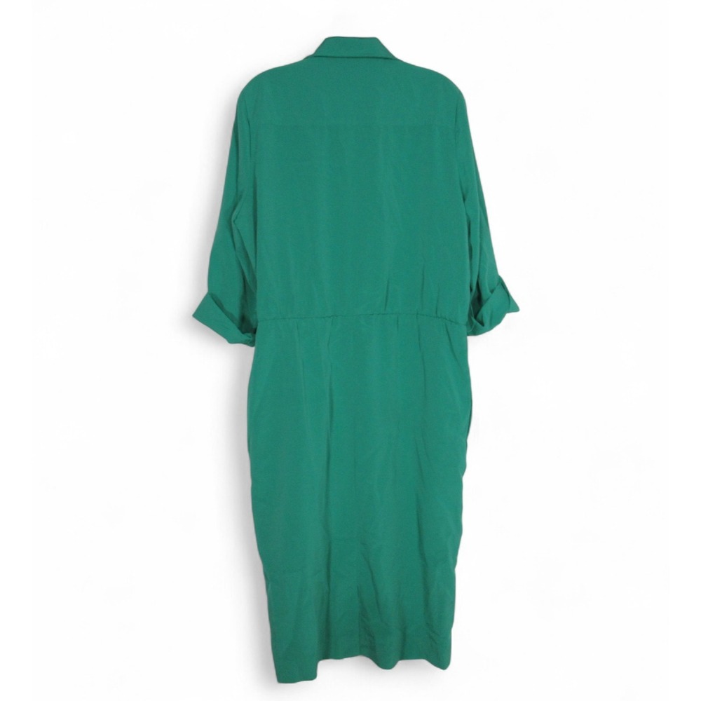 VTG MS CHAUS Green SATIN 1/4 Button ROLL-TAB SLEEVE Midi SHIRT DRESS Sz 12 - Picture 5 of 6